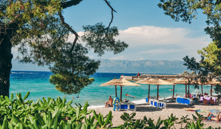 Plaża nad Adriatykiem z turkusową wodą, sosnami i górami w tle – Chorwacja